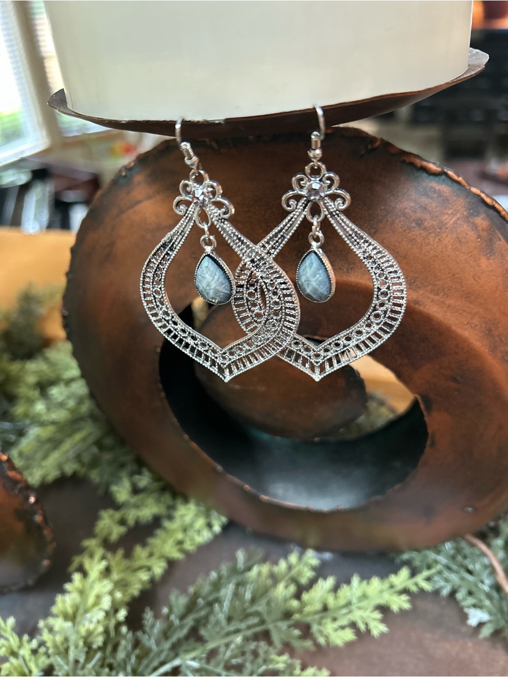 GORGEOUS Silver Filigree Teardrop Earrings with Blue Stone